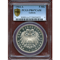 【SOLD】ドイツ リューベック 1904A 5マルク 銀貨 双頭の鷲 PCGS PR67CAM