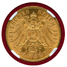 ドイツ ハンブルク 1913J 20マルク 金貨 都市紋章 NGC MS65