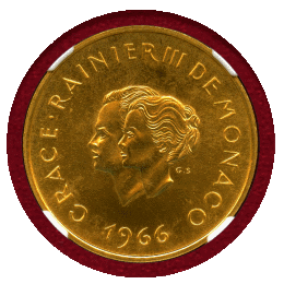 モナコ 1966年 200フラン 金貨 レーニエ3世・グレース王妃ご成婚10周年 NGC MS65