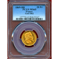 フランス 1869BB 20フラン 金貨 ナポレオン3世有冠 PCGS MS65