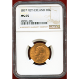 オランダ 1897年 10グルデン 金貨 ウィルヘルミナ幼年像 NGC MS65