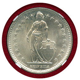 スイス 1964B 2フラン 銀貨 ヘルベティア立像 NGC MS64