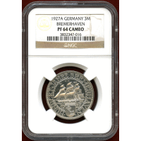 ワイマール共和国 1927A 3マルク 銀貨 ブレーマーハーフェン NGC PF64CAMEO