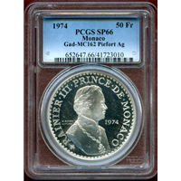 モナコ 1974年 50フラン 銀貨 ピエフォー レーニエ3世 治世25周年記念 PCGS SP66
