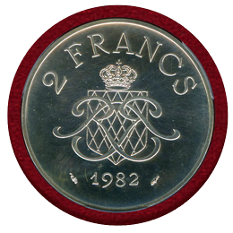 モナコ 1982年 2フラン 銀貨 ピエフォー レーニエ3世 PCGS SP68