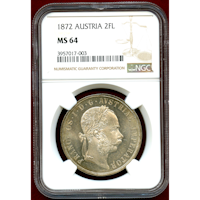 【SOLD】オーストリア 1872年 2フローリン 銀貨 フランツヨーゼフ1世 NGC MS64