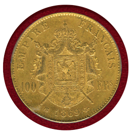 【SOLD】フランス 1869BB 100フラン 金貨 ナポレオン3世有冠 PCGS MS62