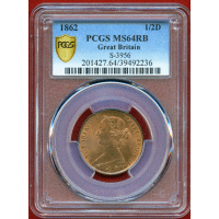 【SOLD】イギリス 1862年 1/2ペニー 銅貨 ヴィクトリア バンヘッド MS64RB