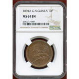 独領ニューギニア 1894A 10ペニヒ 銅貨 極楽鳥 NGC MS64BN