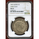 オーストリア 1909年 5コロナ銀貨 フランツ・ヨーゼフ NGC MS64