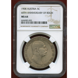 【SOLD】オーストリア 1908年 5コロナ銀貨 フランツヨーゼフ治世60周年 NGC MS64