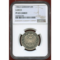 ドイツ リューベック 1906A 2マルク 銀貨 双頭の鷲 NGC PF65CAMEO