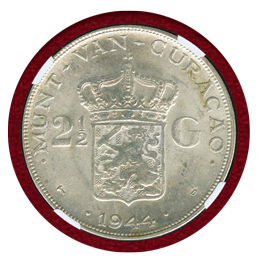 オランダ王国 キュラソー島 1944年 2.5グルデン銀貨 ウィルヘルミナ女王 NGC MS65