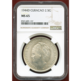 オランダ王国 キュラソー島 1944年 2.5グルデン銀貨 ウィルヘルミナ女王 NGC MS65