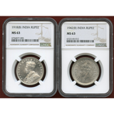 インド 1918年(B) ルピー 銀貨 ジョージ5世&ジョージ6世 2枚セット NGC MS63