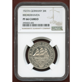 ワイマール共和国 1927A 3マルク 銀貨 ブレーマーハーフェン NGC PF66CAMEO