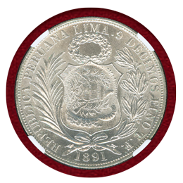 【SOLD】グアテマラ 1894年 ペソ銀貨 1/2R C/S ON PERU SOL MS63