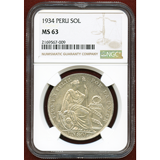 【SOLD】ペルー 1934年  ソル銀貨 女神座像 NGC MS63