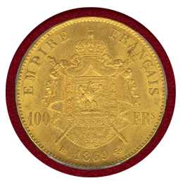 【SOLD】フランス 1869BB 100フラン 金貨 ナポレオン3世有冠 PCGS MS63