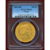 【SOLD】フランス 1869BB 100フラン 金貨 ナポレオン3世有冠 PCGS MS63