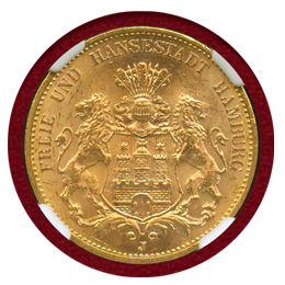 ドイツ ハンブルク 1913J 20マルク 金貨 都市紋章 NGC MS64