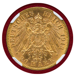 ドイツ ハンブルク 1913J 20マルク 金貨 都市紋章 NGC MS64