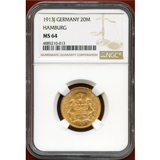 ドイツ ハンブルク 1913J 20マルク 金貨 都市紋章 NGC MS64