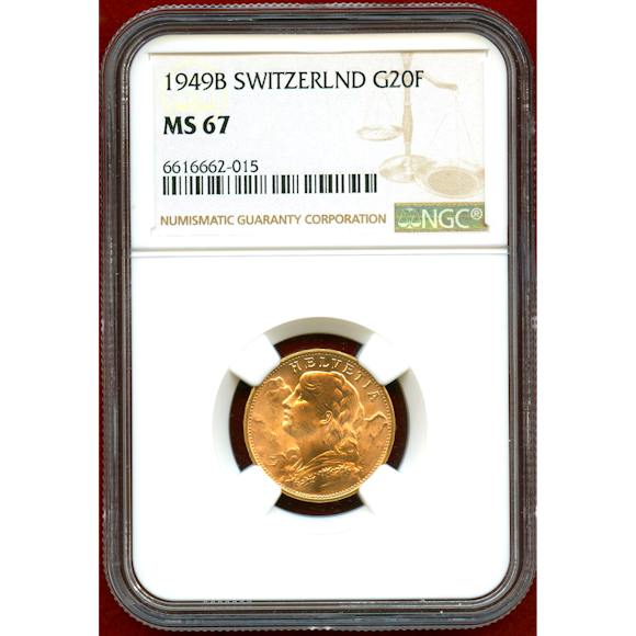 JCC | ジャパンコインキャビネット / 【SOLD】スイス 1949B 20フラン 金貨 アルプスの少女 NGC MS67