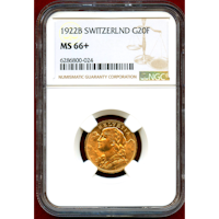 【SOLD】スイス 1922B 20フラン 金貨 アルプスの少女 NGC MS66+