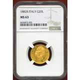 イタリア 1882R 20リレ 金貨 ウンベルト1世 NGC MS63