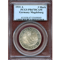 【SOLD】ワイマール共和国 1931A 3マルク 銀貨 マグデブルク再建300年 PR67DCAM