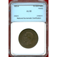 フランス 1853A 10サンチーム 銅貨 ナポレオン3世無冠 NNC AU58