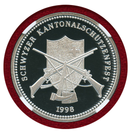 スイス 現代射撃祭 1998年 50フラン 銀貨 シュヴィーツ NGC PF69UCAM