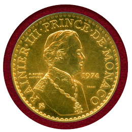 【SOLD】モナコ 1974年 50フラン 金貨 試鋳貨 レーニエ3世 治世25周年記念 SP66