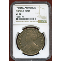 イギリス 1707年 クラウン銀貨 アン女王 PLUMES & ROSES NGC AU55