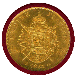 【SOLD】フランス 1864A 100フラン 金貨 ナポレオン3世有冠 NGC MS64