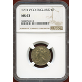 【SOLD】イギリス 1703年 6ペンス 銀貨 アン女王 VIGO NGC MS63