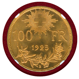 【SOLD】スイス 1925B 100フラン 金貨 ブレネリ NGC MS65+