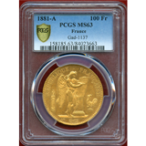 フランス 1881A 100フラン金貨 エンジェル立像 PCGS MS63