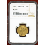 イギリス 1845年 ソブリン 金貨 ヴィクトリア ヤングヘッド 紋章 NGC AU58
