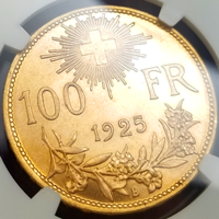 【SOLD】スイス 1925B 100フラン 金貨 ブレネリ NGC MS65+