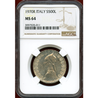 【SOLD】イタリア 1970R 500リレ 銀貨 女性像 NGC MS64