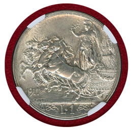 イタリア 1917R 1リラ 銀貨 エマヌエレ3世 クァドリガ NGC MS62