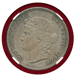 スイス 1908年 女神ヘルベティア 5フラン 銀貨 NGC MS63