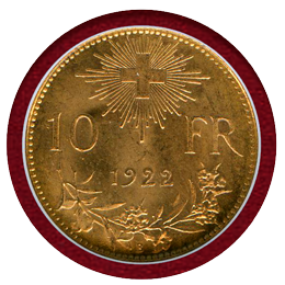 スイス 1922年 10フラン 金貨 アルプスと少女 NGC MS66