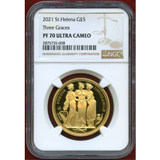 セントヘレナ 2021年 5ポンド 金貨 スリーグレイセス NGC PF70UC