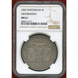 スイス 連邦射撃祭 1842年 4フランケン銀貨  グラウビュンデン NGC MS61