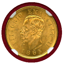 イタリア 1863T BN 10リレ 金貨 エマヌエレ2世 NGC MS64