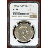 イタリア 1927R(VI) 20リレ 銀貨 エマヌエレ3世 NGC MS64