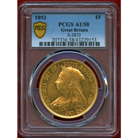 【SOLD】イギリス 1893年 5ポンド 金貨 ヴィクトリア オールドヘッド PCGS AU58